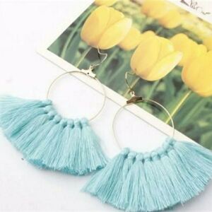 Light Blue Boho Fishhook Fan Tassel Earrings